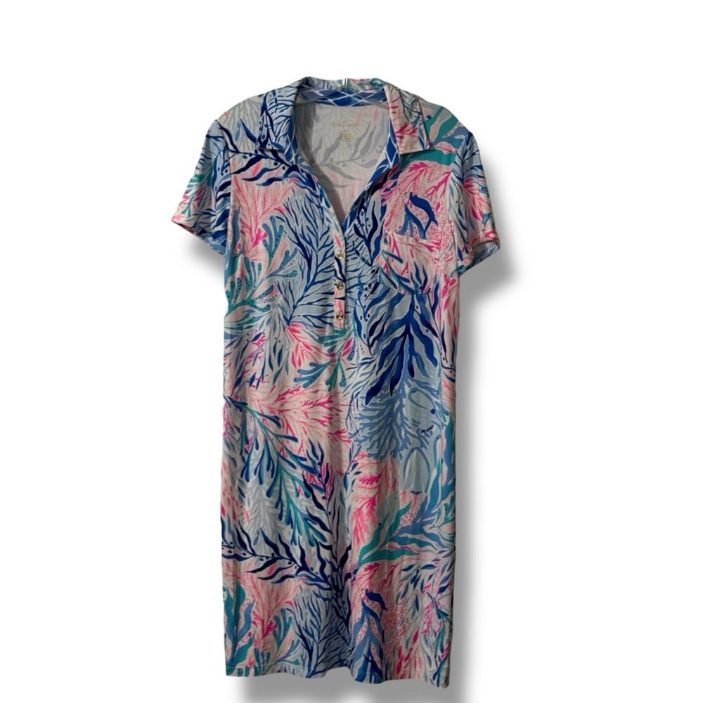 Lilly Pulitzer Sadie Polo Dress Crew Blue Tint Kaleidoscope Corals Size Medium